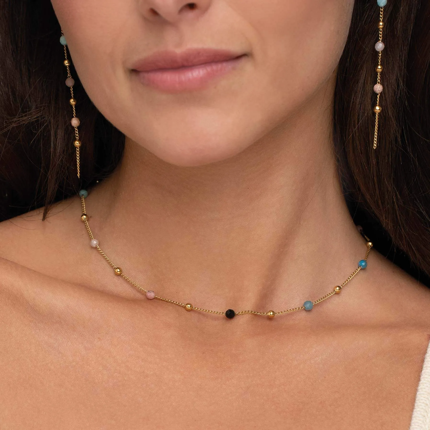 Collier Pierres multicolores acier doré or
